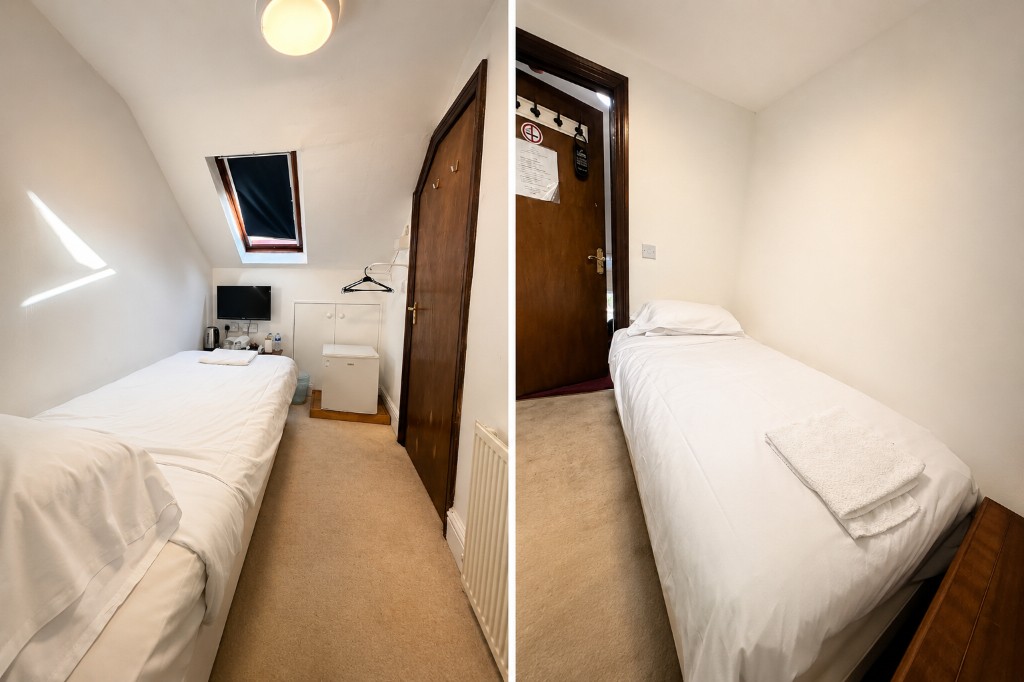 Single ensuite room with bed, TV, kettle and mini fridge